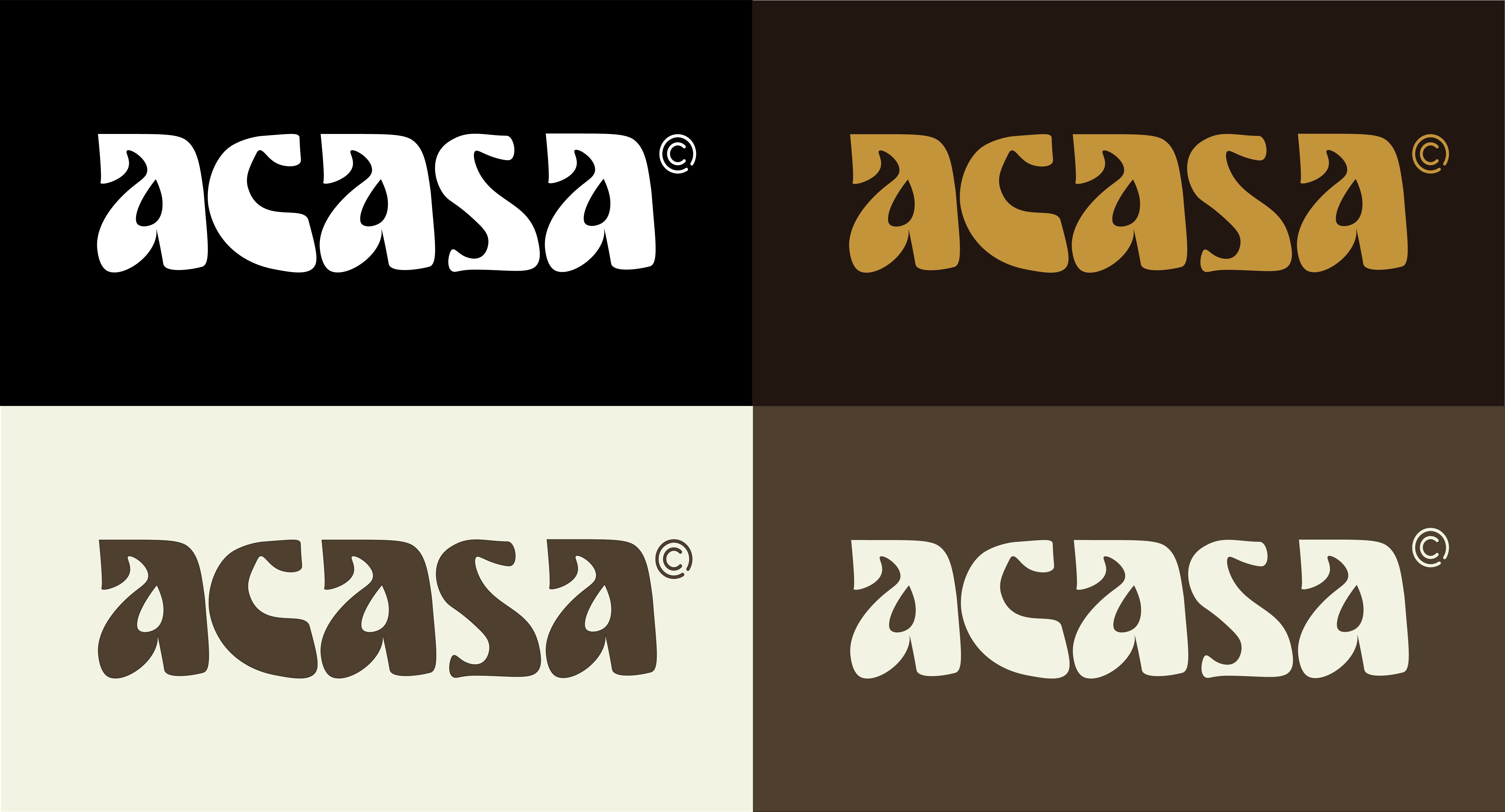 Wordmark Acasa décliné en quatre variations couleur : blanc, ocre et crème sur fonds noir et brun