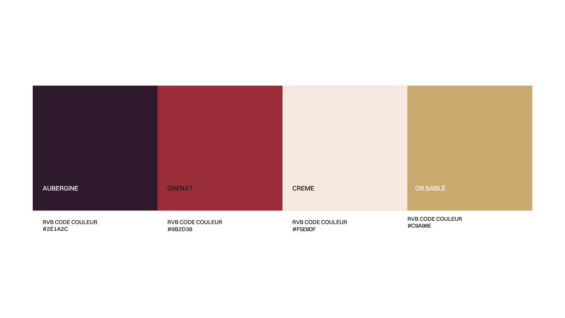 Palette couleur Koryaa : Aubergine #2E1A2C, Grenat #9B2D38, Crème #F5E9DF, Or sablé #C9A96E