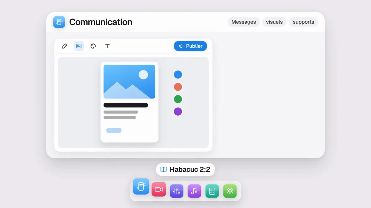 Une carte animée présente le pôle Communication avec ses supports visuels